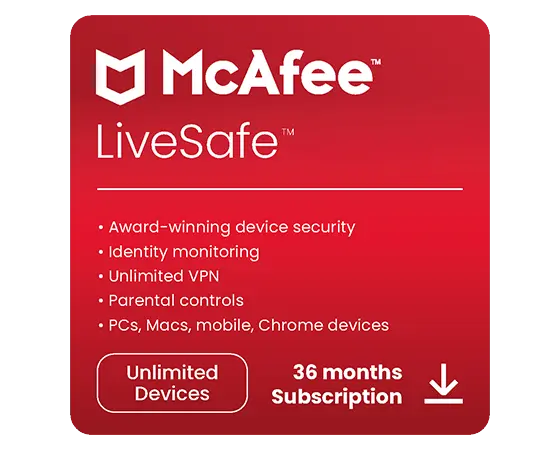 McAfee LiveSafe 36 months Protection & Secure VPN for unlimited devices