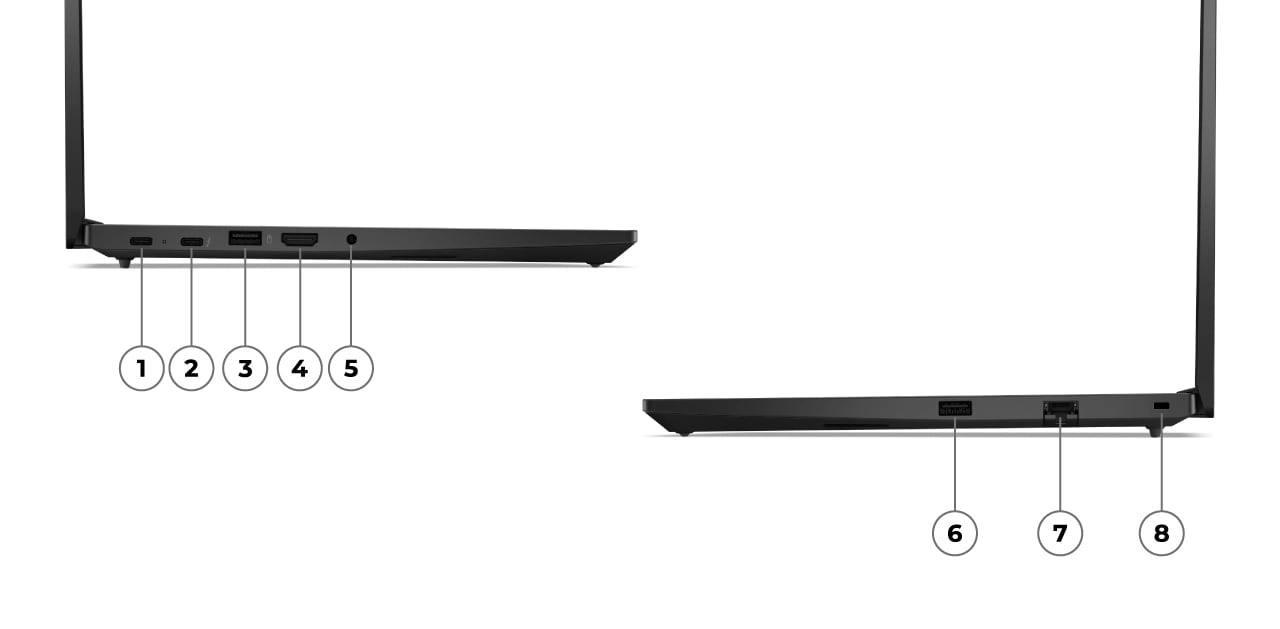 Close up of left side of Lenovo ThinkPad E14 Gen 6 (14” Intel) laptop, showing ports and slots.   Right side close up of Lenovo Lenovo ThinkPad E14 Gen 6 (14” Intel) laptop, showing ports and slots.