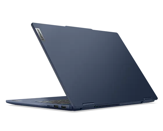 Rear, right side view of the Lenovo IdeaPad 5 2-in-1 Gen 9 (14 inch AMD) laptop in Cosmic Blue opened at an acute angle, focusing its four right side ports & the Lenovo logo on the top cover.