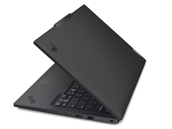 Close-up, rear, right side view of the Lenovo ThinkPad T14 Gen 5 (14 inch Intel) Eclipse Black laptop opened at an acute angle, focusing its five right side ports & ThinkPad logo visible on keyboard & top cover.