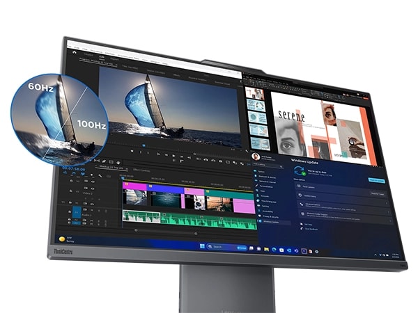 Lenovo ThinkCentre Neo 50a G5 27″ all-in-one desktop PC -- front view, showing photo editing software on the screen with separate callouts demonstrating difference between 60Hz and 100Hz refresh rates.