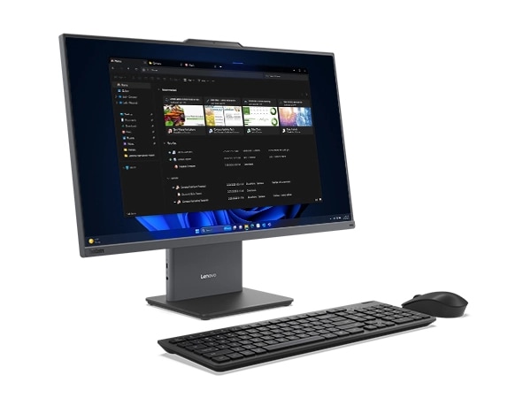 Lenovo ThinkCentre Neo 50a G5 27″ all-in-one desktop PC – front left view showing a  wireless keyboard and mouse with an opened window on the screen.