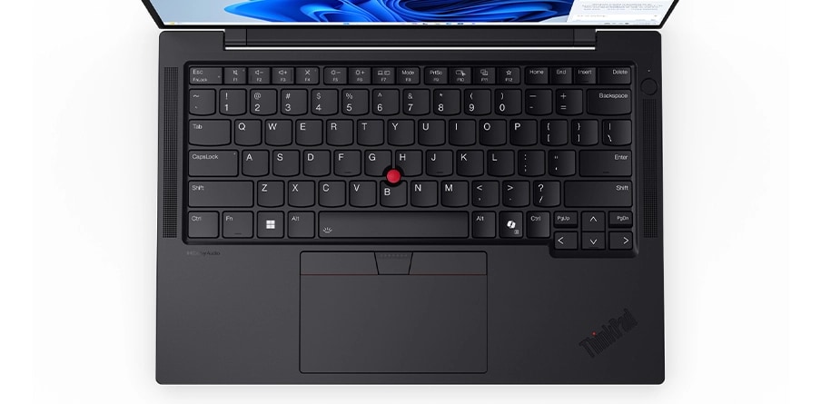 Close-up, overhead shot of the Lenovo ThinkPad T14s Gen5 (14” Intel) laptop’s keyboard in Eclipse Black, focusing its smooth keycaps, touchpad, & its ThinkPad logo.