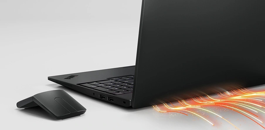 Rückansicht des Lenovo ThinkPad L16 Notebooks mit bunten Wirbeln, die auf den verbesserten Luftstrom und die Hinterlüftung hinweisen, die das System kühler halten.