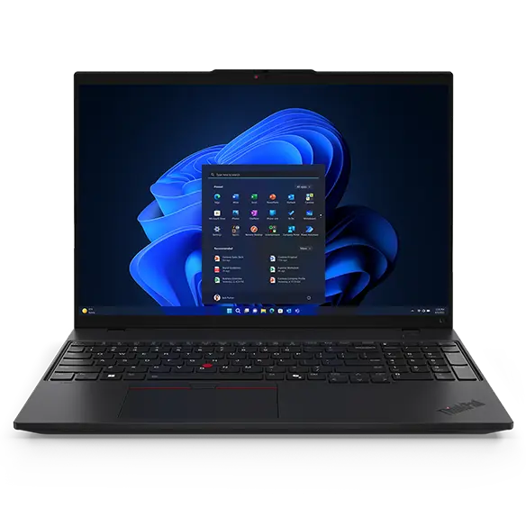 Front-facing Lenovo ThinkPad L16 laptop showing home screen and keyboard. 