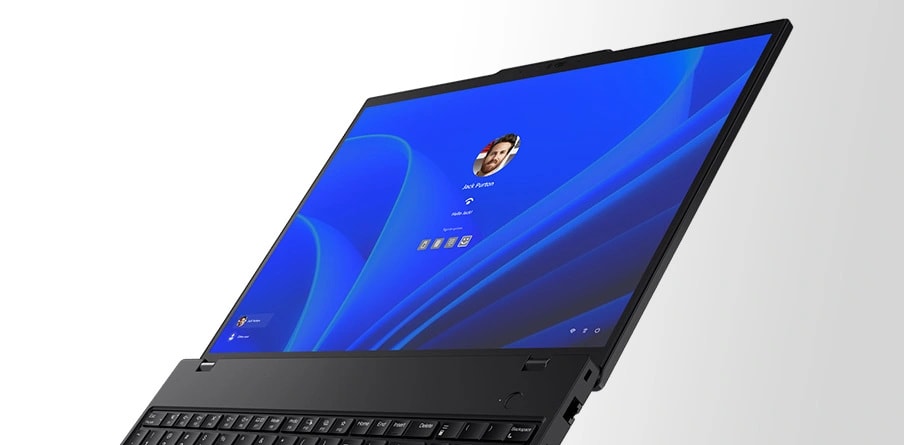 Lenovo ThinkPad T16 Gen 3 (16" Intel) laptop — open 180 degrees, showing Windows login screen on the display