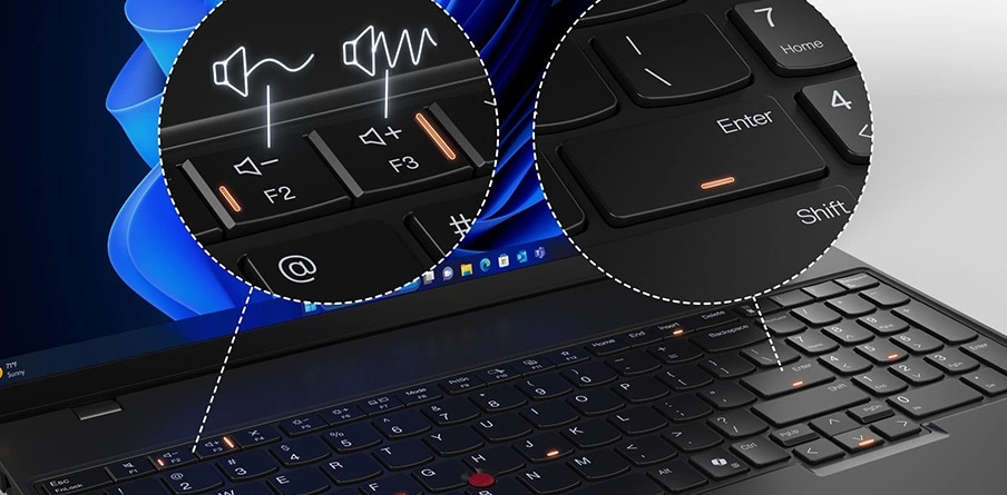 Zoomed view of keyboard of Lenovo ThinkPad L16 laptop, showing volume and enter keys.