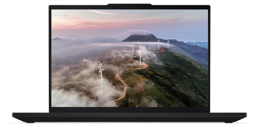 Lenovo ThinkPad T16 Gen 3 (16" Intel) laptop — front view, lid open, with image of mountain road flanked by windmills on the display