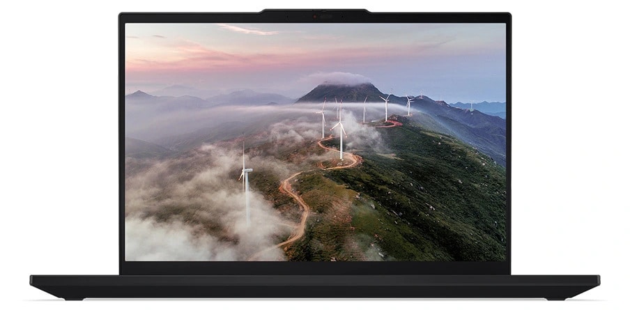 Lenovo ThinkPad T16 Gen 3 (16'' Intel) Notebook – von vorne mit geöffnetem Deckel und Bild einer Bergstraße mit Windmühlen auf dem Display