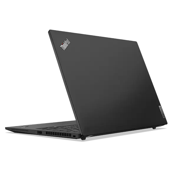 Rear-facing Lenovo ThinkPad T14s Gen 4 laptop showing top cover and angled right-side ports.