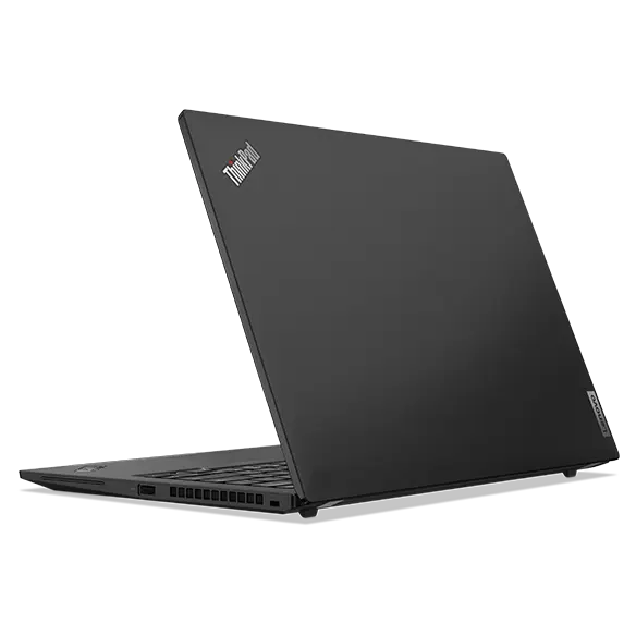 Lenovo ThinkPad T14s Gen 4 Notebook, Ansicht von hinten mit Blick auf den Gehäusedeckel und die Anschlüsse auf der rechten Seite in einem Winkel