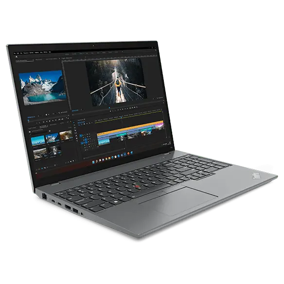 Lenovo ThinkPad T16 Gen 2 (14ʺ Intel) laptop in Storm Grey, open 90 degrees, angled to show left-side ports, keyboard & display.