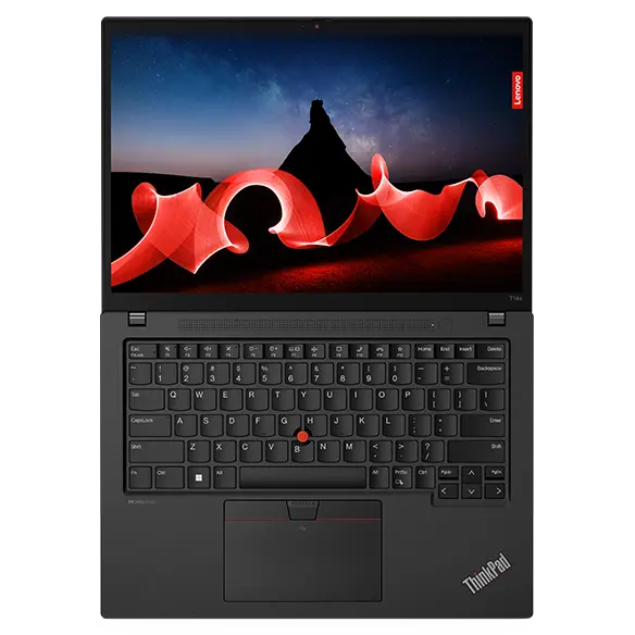 Overhead shot of the Lenovo ThinkPad T14s Gen 4 laptop open 180 degrees, showing keyboard & display. 