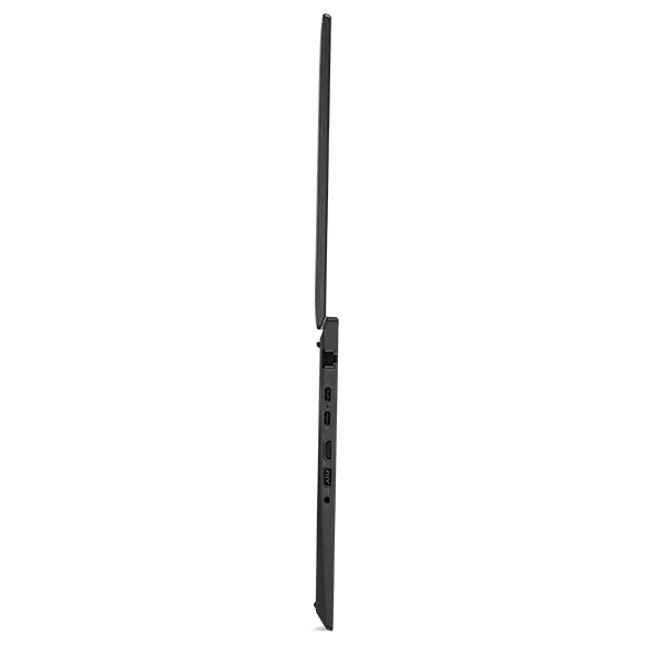 Vue du profil droit de l'ordinateur portable Lenovo ThinkPad T14 Gen 4 en Thunder Black, ouvert à 180 degrés.