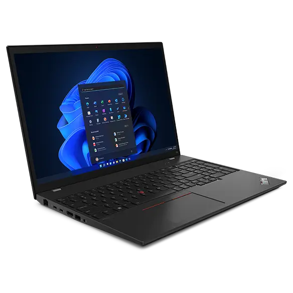 Lenovo ThinkPad T16 laptop: Right-front view, lid open, Windows menu on the display