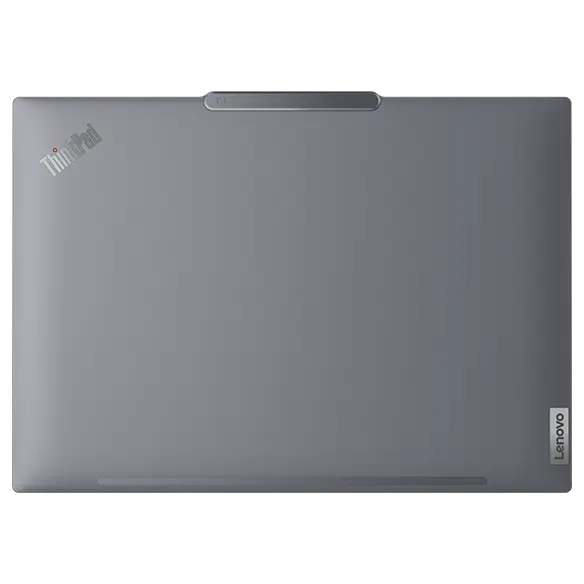 Overhead shot of the top cover of the Lenovo ThinkPad T14 Gen 5 (14 inch Intel) Luna Grey laptop with visible ThinkPad & Lenovo logo.