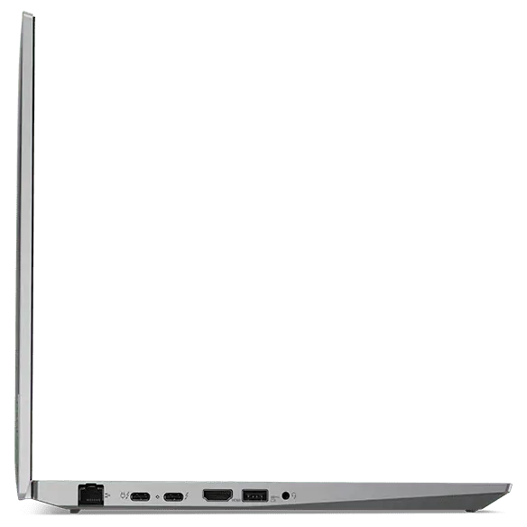 Left-side profile of the Lenovo ThinkPad T16 Gen 2 laptop in Storm Grey, open 90 degrees.