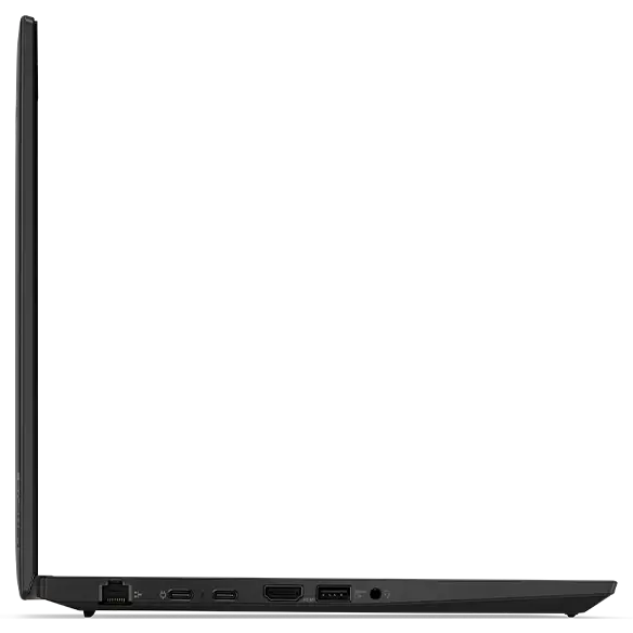 Left-side profile of the Lenovo ThinkPad T14 Gen 4  laptop open 90 degrees.