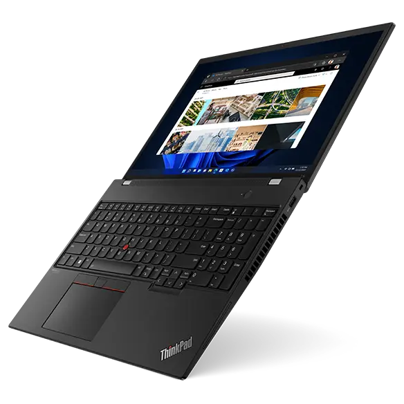Lenovo ThinkPad T16 laptop: Front/top view, lid open flat, Windows menu on the display