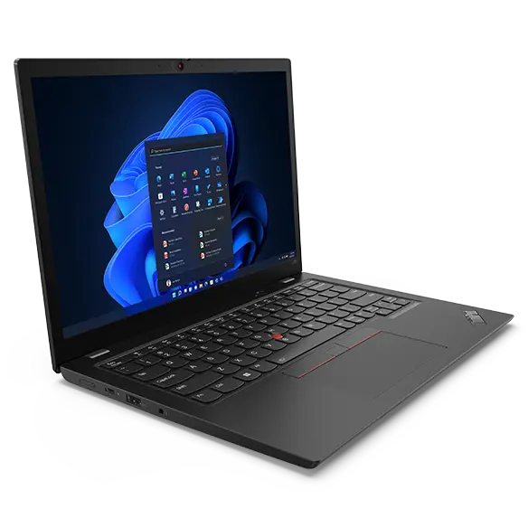 Lenovo Thinkpad L13 Gen4 in laptop mode, open 90 degrees, angled to show left-profile ports