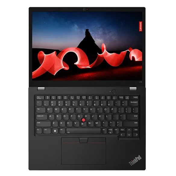 Overhead shot of the Lenovo ThinkPad L13 Gen 4  laptop open 180 degrees, showing both the keyboard & display, in Thunder Black.