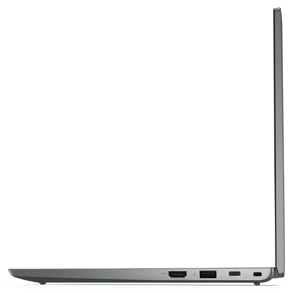 Right-side profile of Storm Grey Lenovo Thinkpad L13 Gen4 in laptop mode, open 90 degrees.