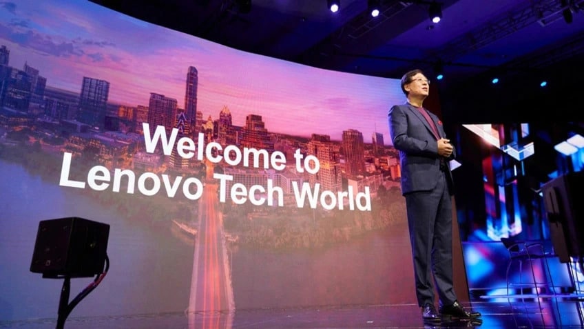 Lenovo's CEO, Yang Yuanqing, on stage welcoming everyone to Lenovo Tech World