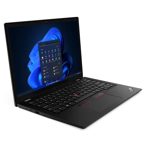 Right profile view of the Lenovo ThinkPad L13 Yoga Gen 4 2-in-1 laptop in tent mode with Windows 11 Pro Start menu on display.