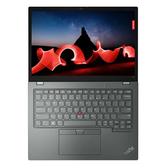 Overhead shot of the Lenovo ThinkPad L13 Gen 4 laptop open 180 degrees, showing both the keyboard & display, in Storm Grey.