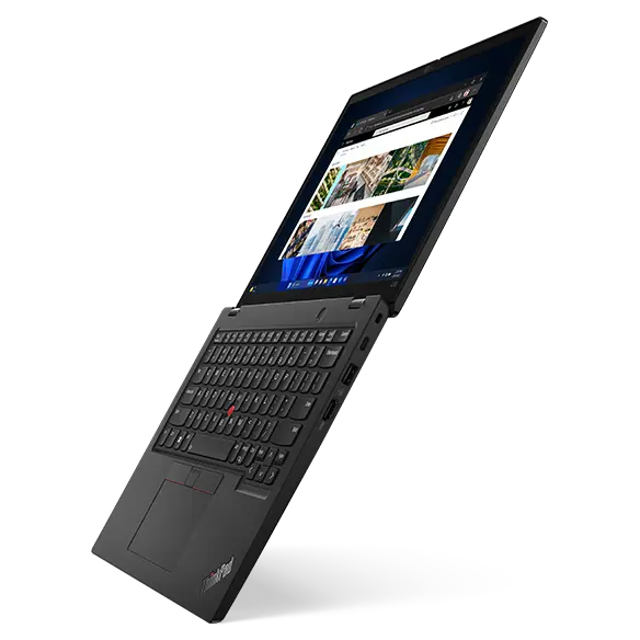 Left-faced Lenovo ThinkPad L13 Gen 5 laptop open 180 degrees.