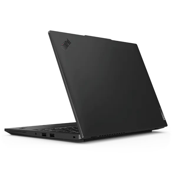Rear view of Lenovo ThinkPad L14 Gen 5 laptop, open 60 degress, showing right side ports and hinges.