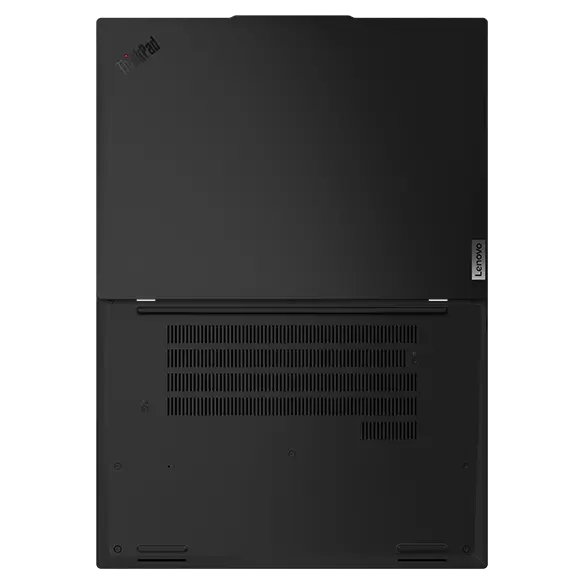 Rear side view of Lenovo ThinkPad L14 Gen 5 laptop, open 180 degrees.
