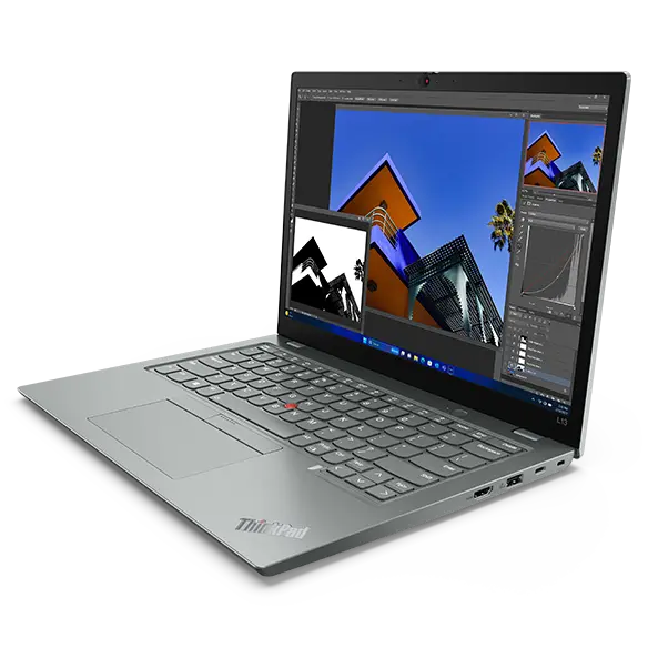 Lenovo ThinkPad L13 Gen 5 laptop storm grey front facing left.