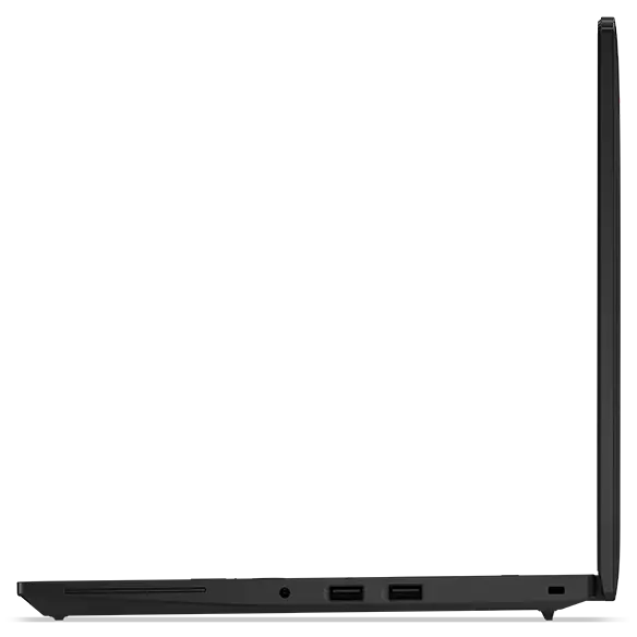 Oikean puolen sivunäkymä Lenovo ThinkPad L14 Gen 5 -kannettavasta, avattuna 90 astetta, portit näkyvissä