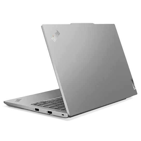 ThinkPad E14 Gen 5 (14″ Intel) Notebook in Arctic Grey, Rückansicht von rechts, Deckel teilweise geöffnet