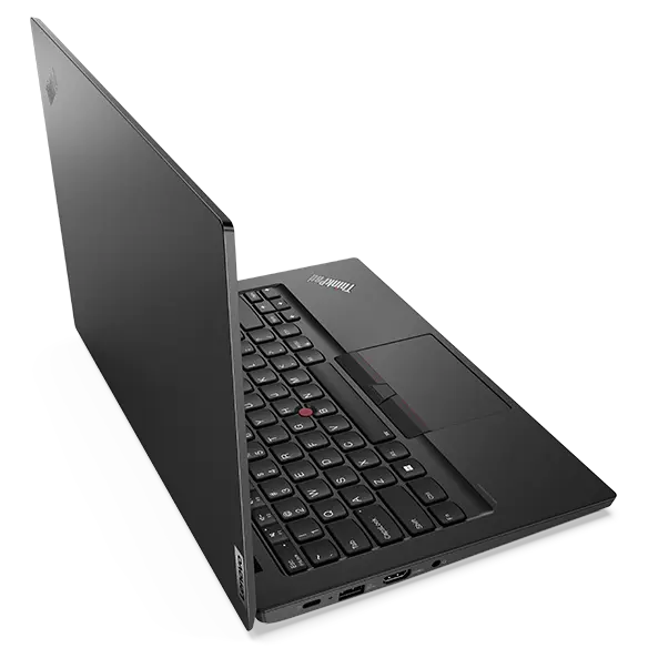 Right side view of Lenovo ThinkPad E14 Gen 4 (14” AMD) laptop, opened 90 degrees, showing display and keyboard edges, and ports