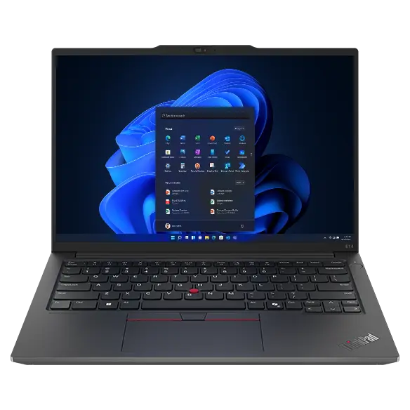 Ordinateur portable ThinkPad E14 Gen 6 (14'' AMD) — vue de face, capot ouvert, menu Windows à l'écran