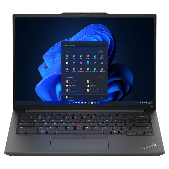 Front facing Lenovo ThinkPad E14 Gen 6 (14” Intel)  laptop, opened, showing display and keyboard.