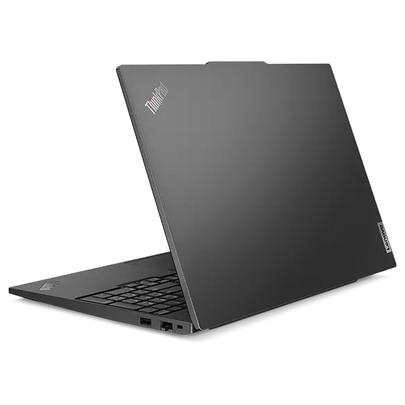 Rear side view of  Lenovo ThinkPad E16 Gen 2 (16'' Intel) laptop, opened slightly,  showing top cover and part of keyboard.