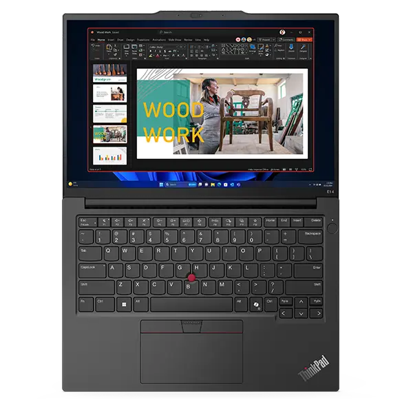 Overhead shot of Lenovo ThinkPad E14 Gen 6 (14'' Intel) laptop, opened 180 degrees, laid flat, showing display and keyboard.