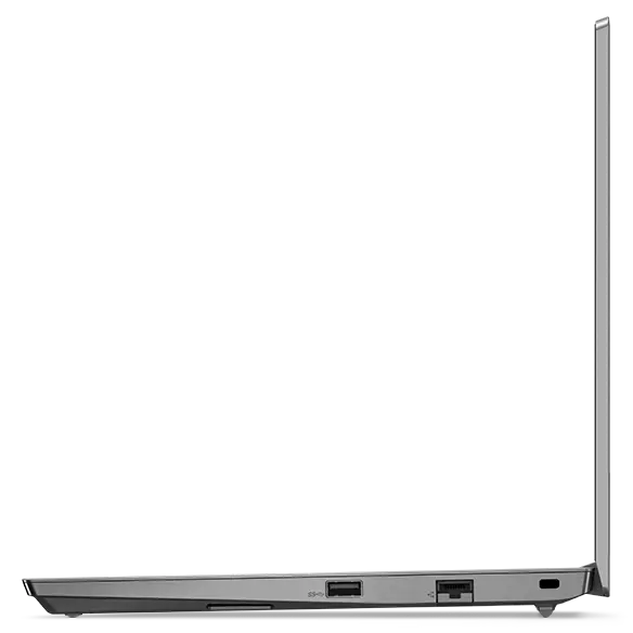 Left side view of Lenovo ThinkPad E14 Gen 4 (14” AMD) laptop, opened 180 degrees, laid flat, showing display and keyboard edges, and ports
