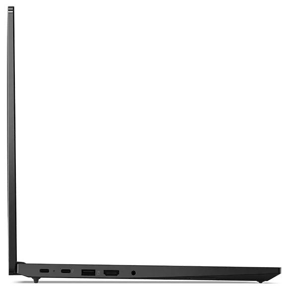 Linke Seite des Notebooks Lenovo ThinkPad E16 Gen 2 (16'' Intel),  90 Grad geöffnet, mit Display-  und Tastaturrändern und Anschlüssen.