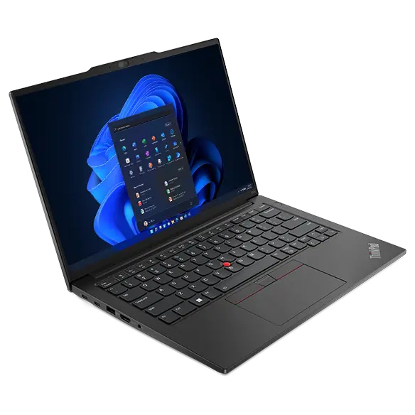 Lenovo ThinkPad E14 Gen 5 (14&quot; AMD) laptop in Graphite Black – front-left view from above, lid open, with Windows 11 menu on the display