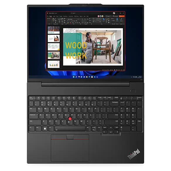 Lenovo ThinkPad E16 (16" Intel) laptop – lying flat with lid open all the way, with a slideshow on the display