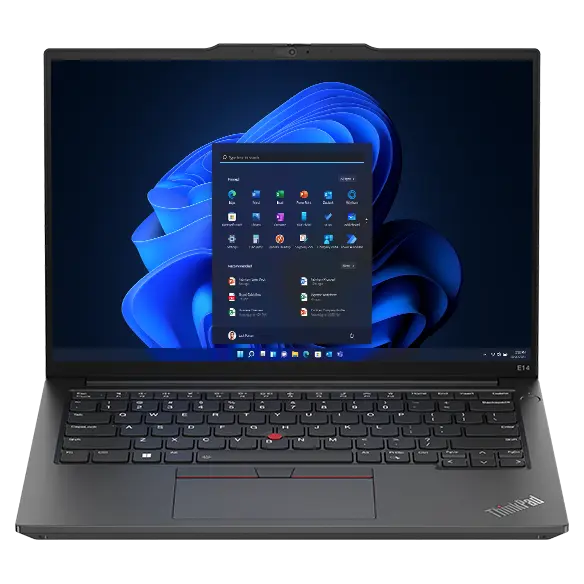 ThinkPad E14 Gen 5 (14" Intel) laptop – front view, lid open, with Windows 11 startup menu on the display