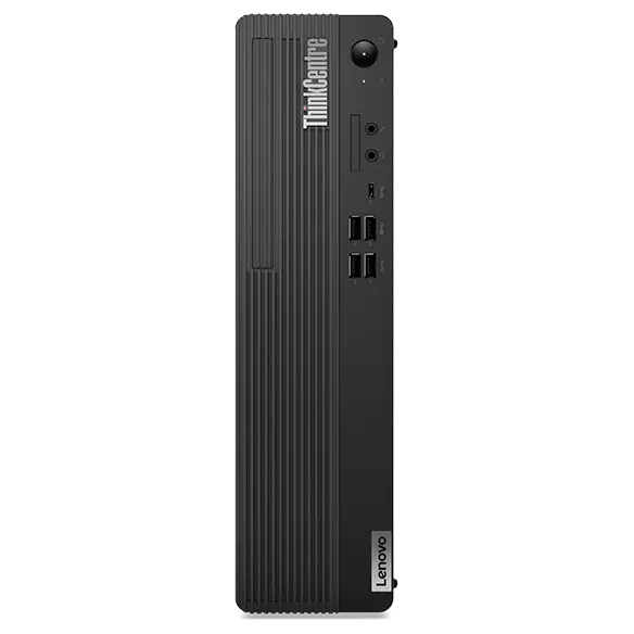 Front-facing Lenovo ThinkCentre M90s Gen 5 small form factor PC, positioned vertically.