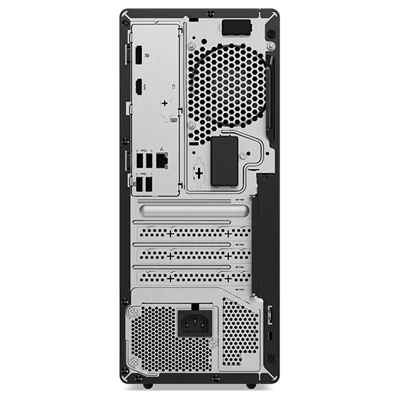 Rear view of Lenovo ThinkCentre M70t Gen 5 tower desktop, showing ports & slots.