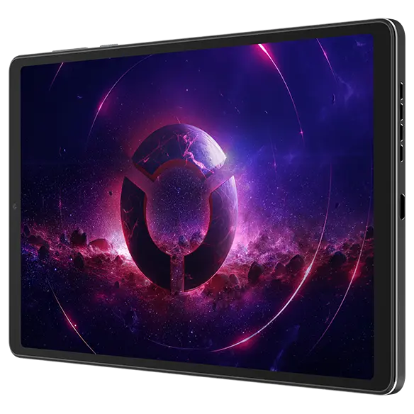Lenovo Legion Tab Gaming-Tablet – horizontal ausgerichtet, leicht nach links gedreht, mit stilisiertem Legion Logo auf dem Display
