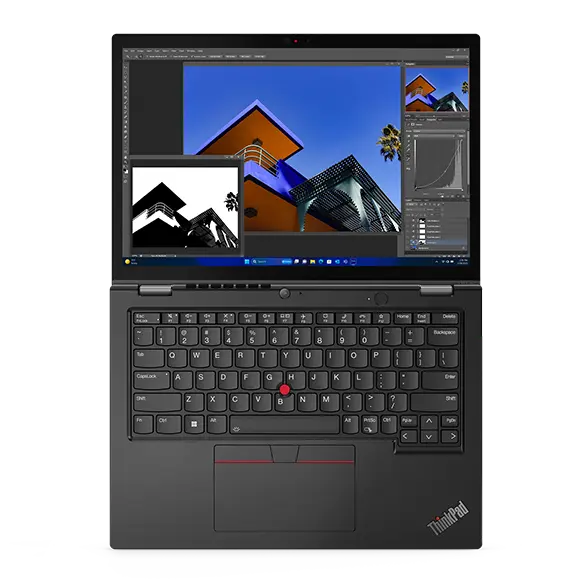 Front facing ThinkPad L13 2-in-1 Gen 5 laptop, showing keyboard and display with designing screen.