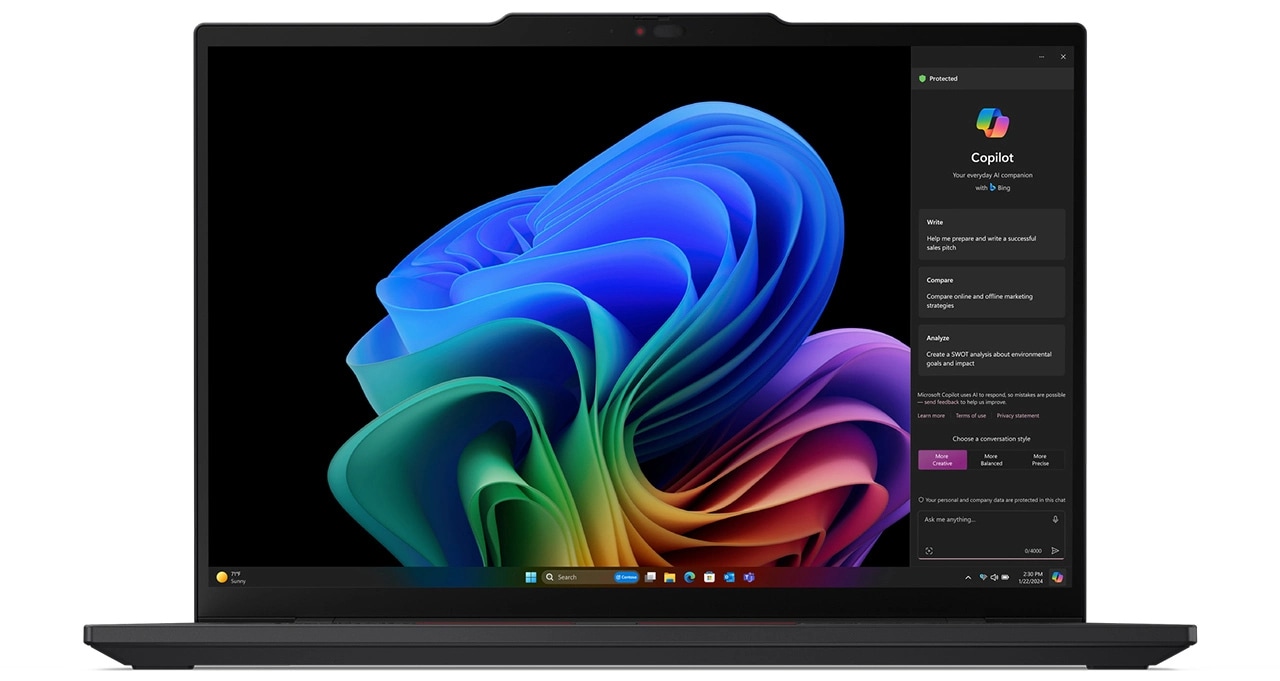 Work from anywhere on the the Lenovo ThinkPad T14s Gen 6 laptop, a Copilot+ PC. 